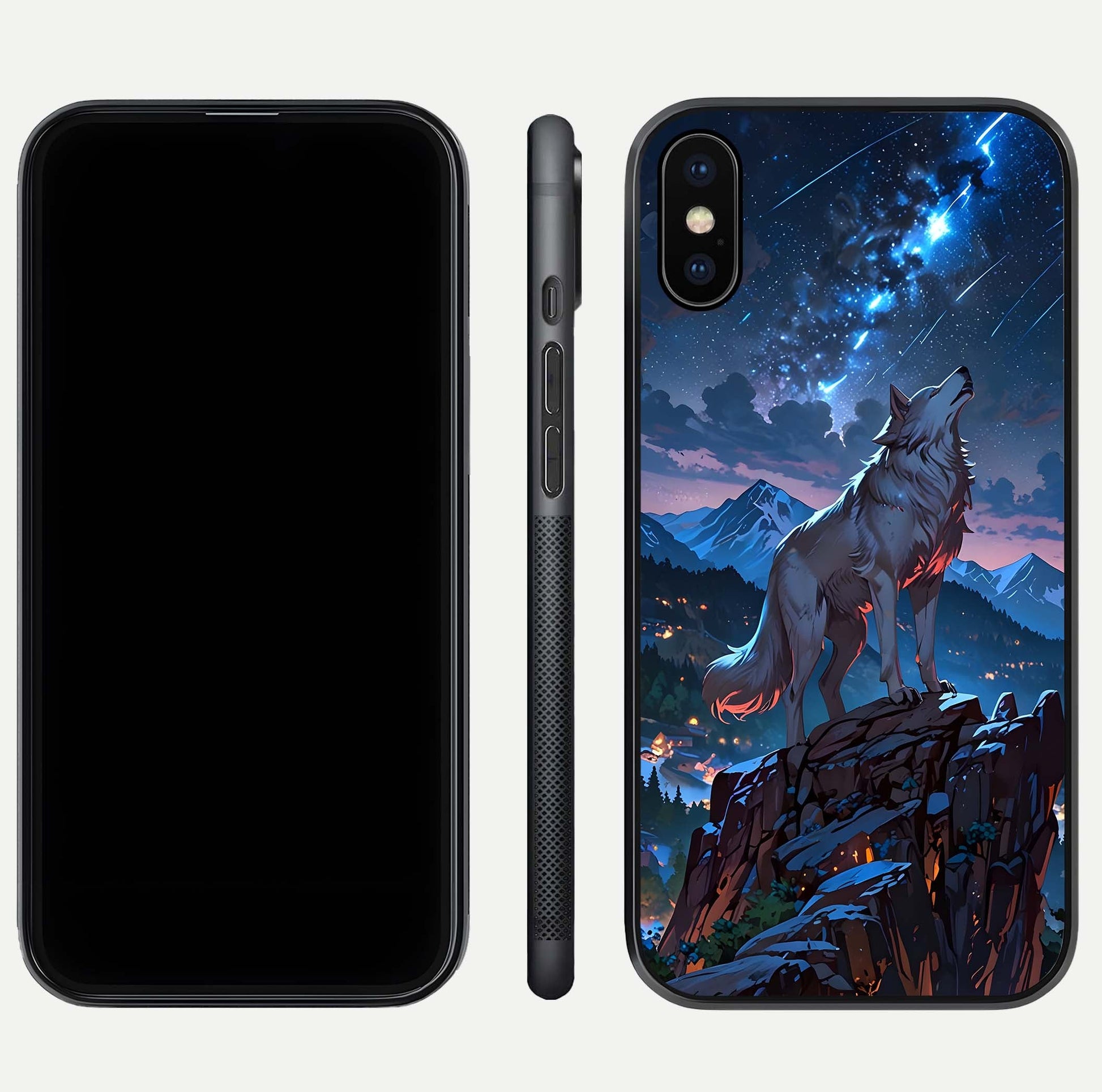 Celestial Wolf Howl Glass Case for iPhone Xs dual-view layout displaying night tones and protective glass edges