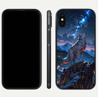 Celestial Wolf Howl Glass Case for iPhone Xs dual-view layout displaying night tones and protective glass edges