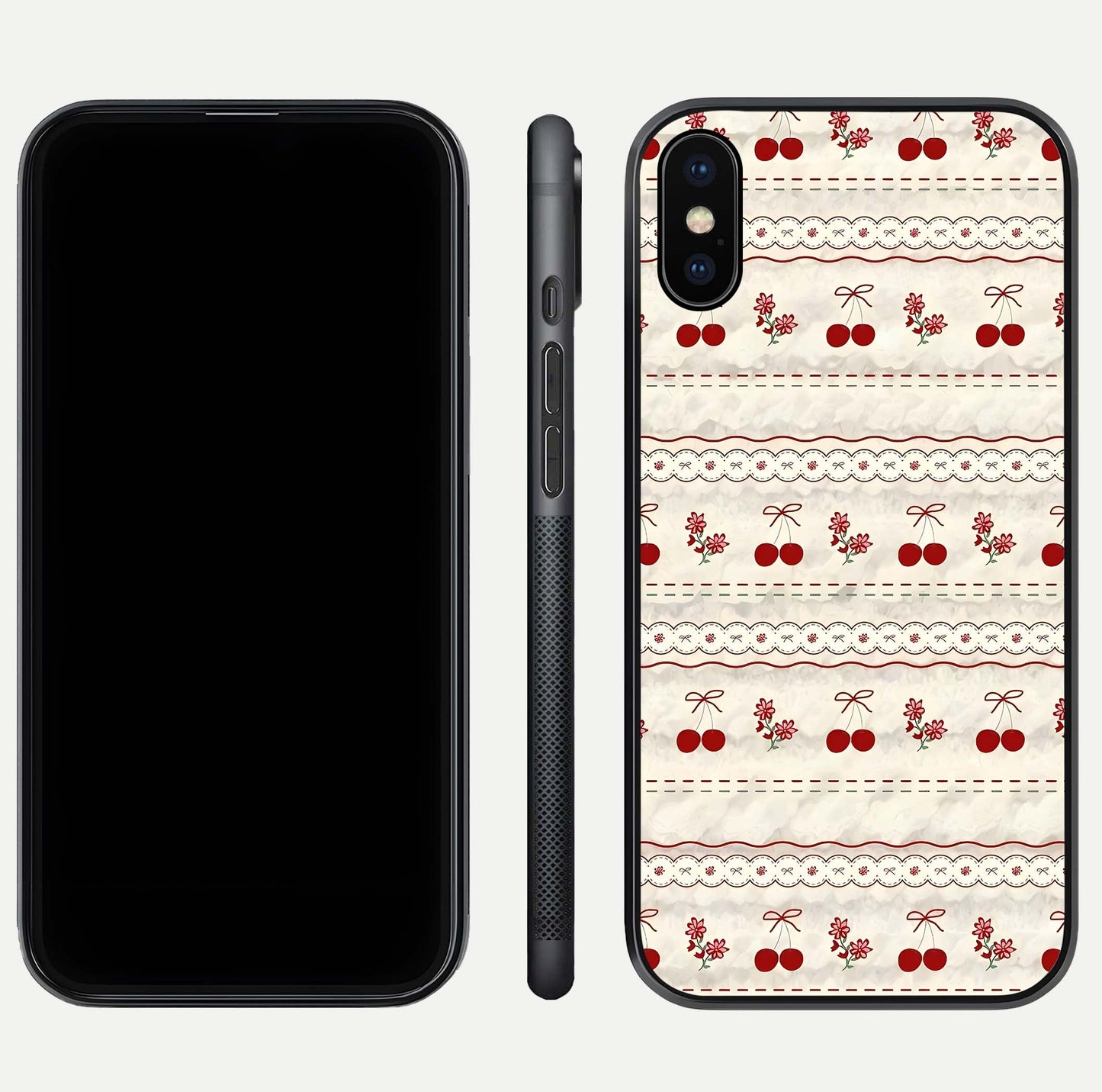 Cherry Bloom Charm Glass Case for iPhone Xs front-and-back layout displaying floral art and smooth finish
