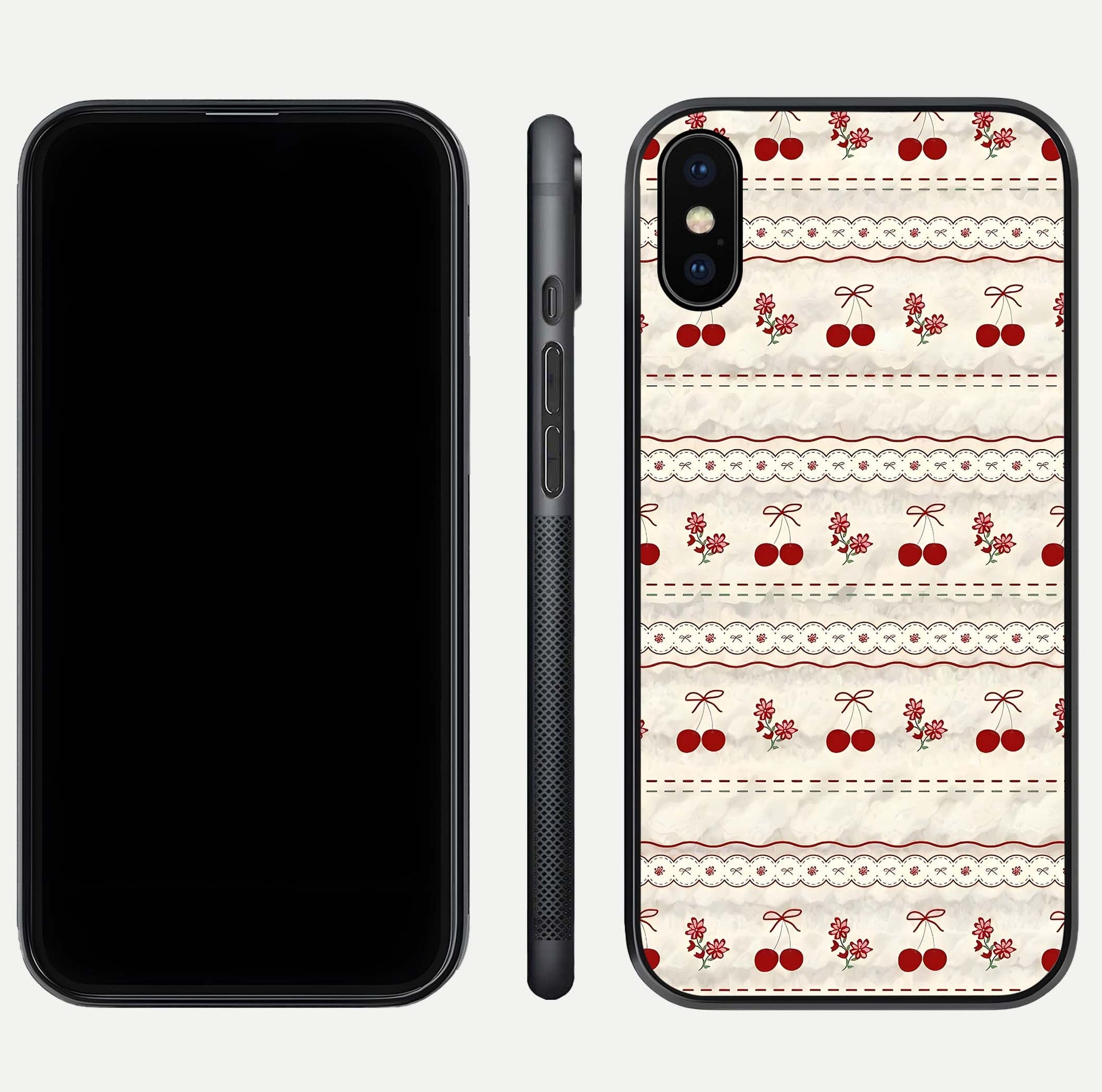 Cherry Bloom Charm Glass Case for iPhone Xs front-and-back layout displaying floral art and smooth finish