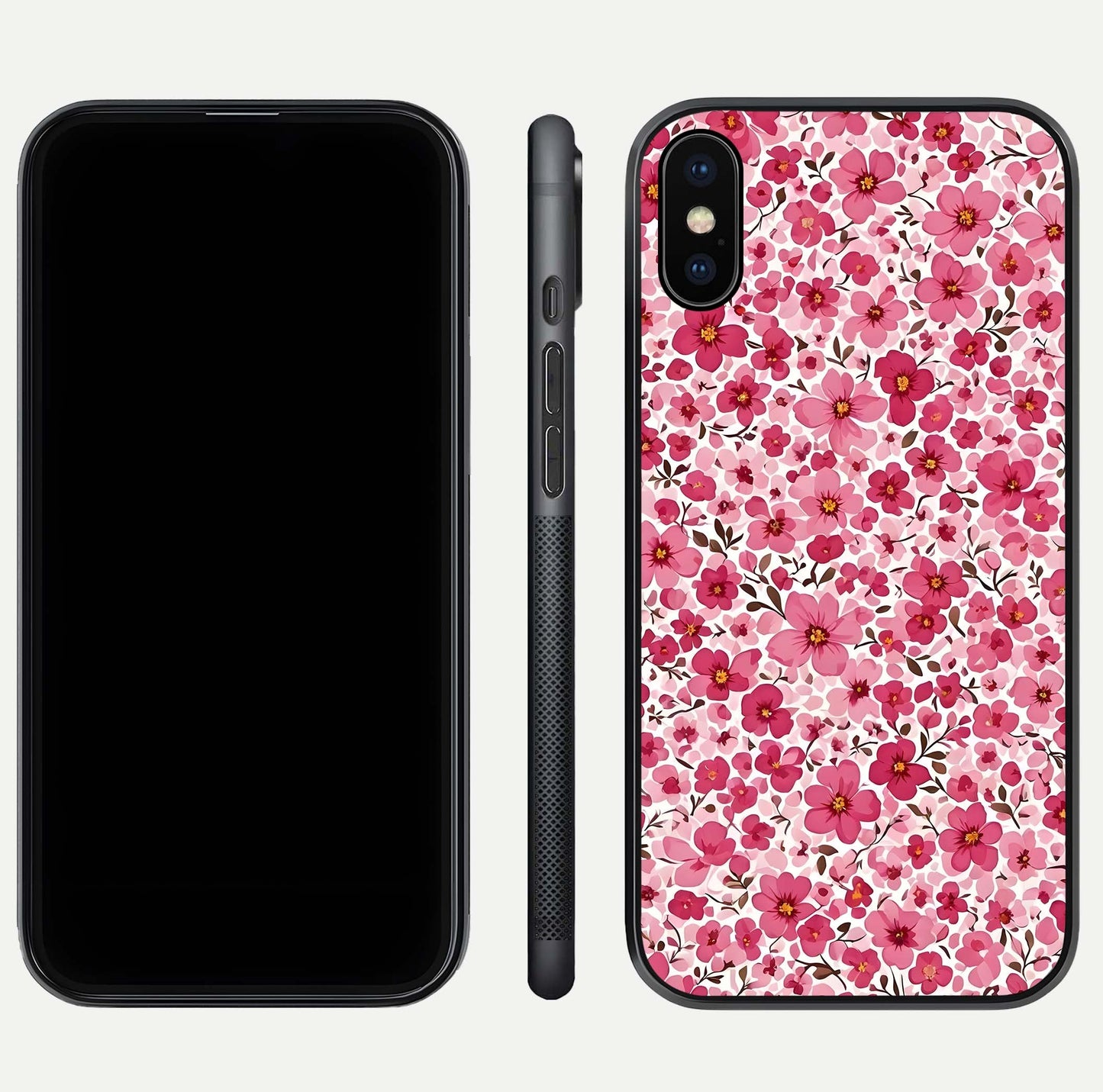 Cherry Blossom Charm Glass Case for iPhone Xs dual-view layout showing elegant floral balance and HD gloss