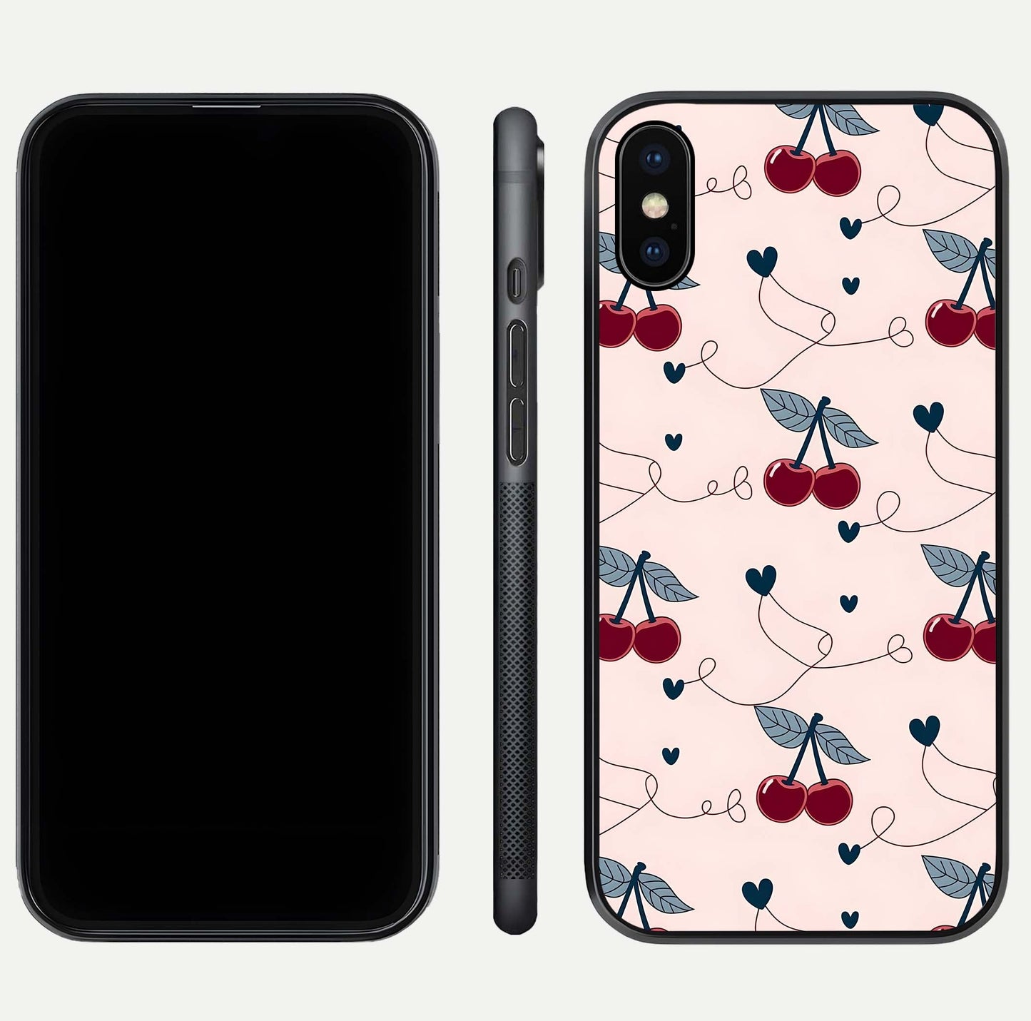 Cherry Heart Line Glass Case for iPhone Xs dual-view layout displaying minimal cherry motif and edge design