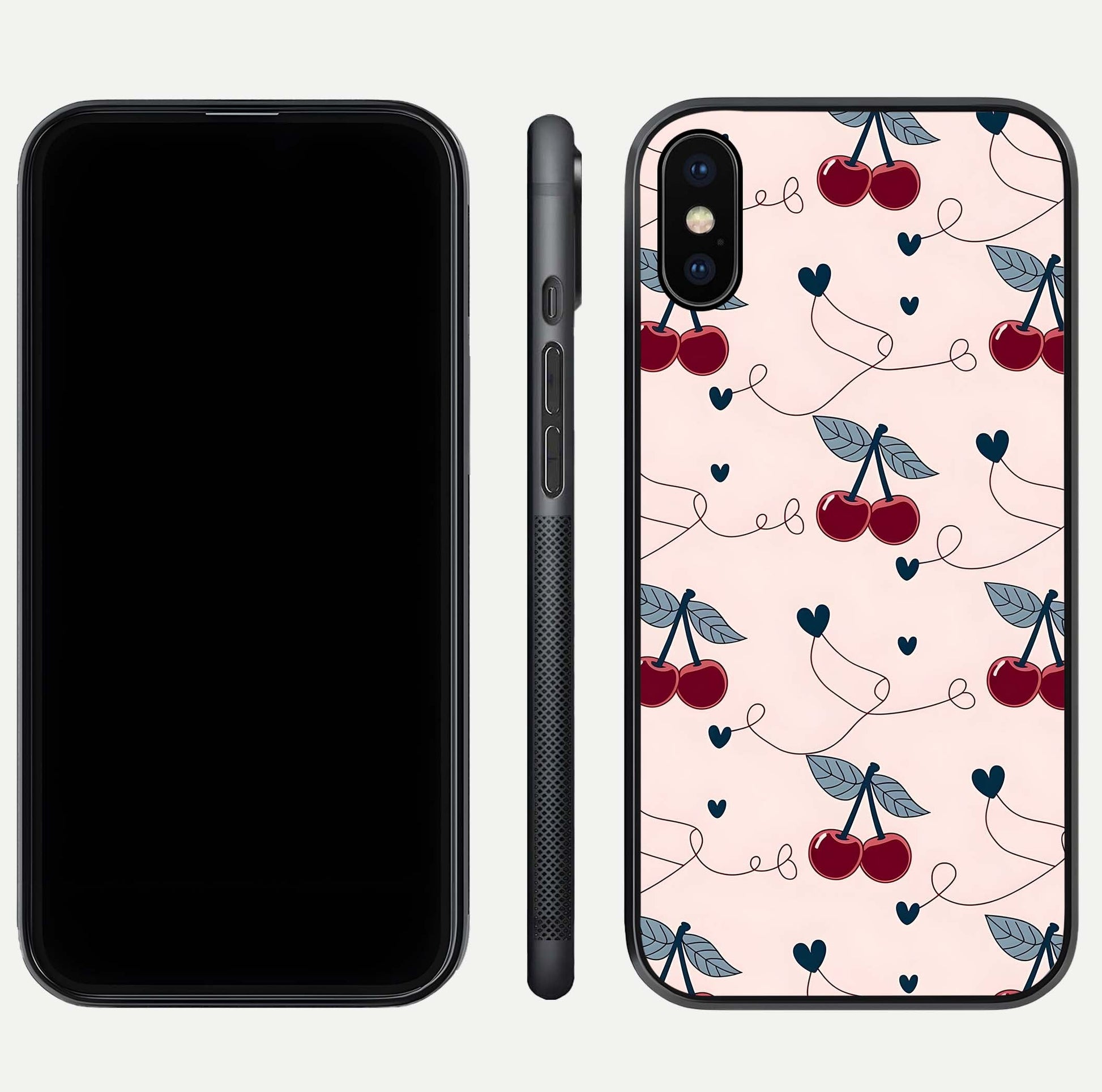 Cherry Heart Line Glass Case for iPhone Xs dual-view layout displaying minimal cherry motif and edge design