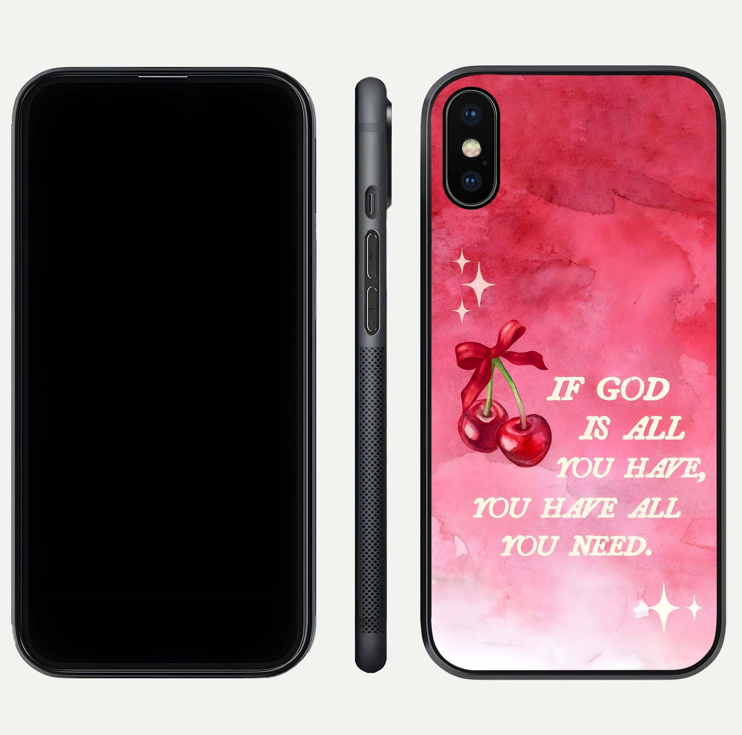 Cherry Quote Glass Case for iPhone Xs dual-view layout showing red cherry tones and text balance