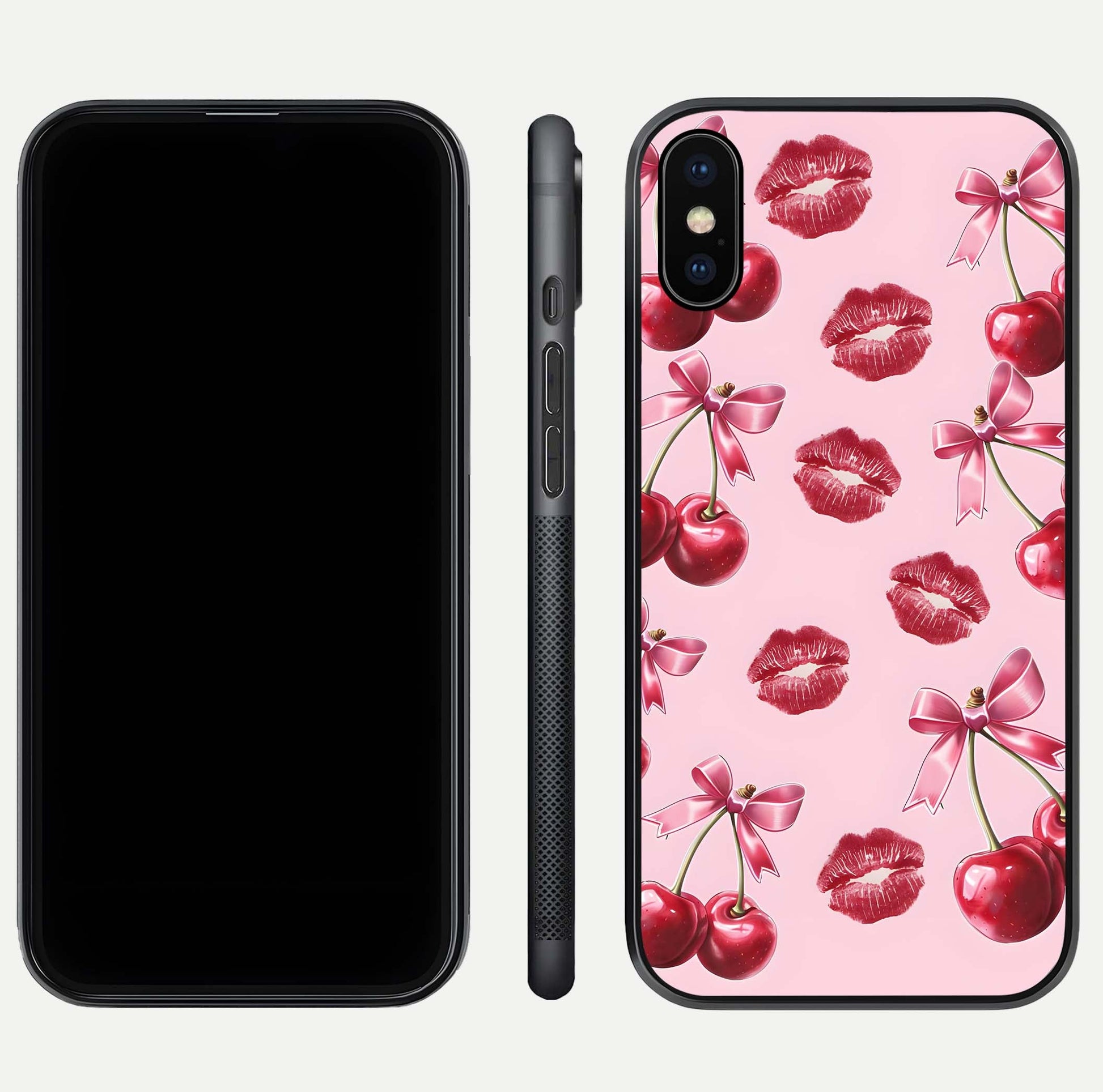 Cherry With Lips Glass Case for iPhone Xs front-and-back layout displaying detailed design and glass finish