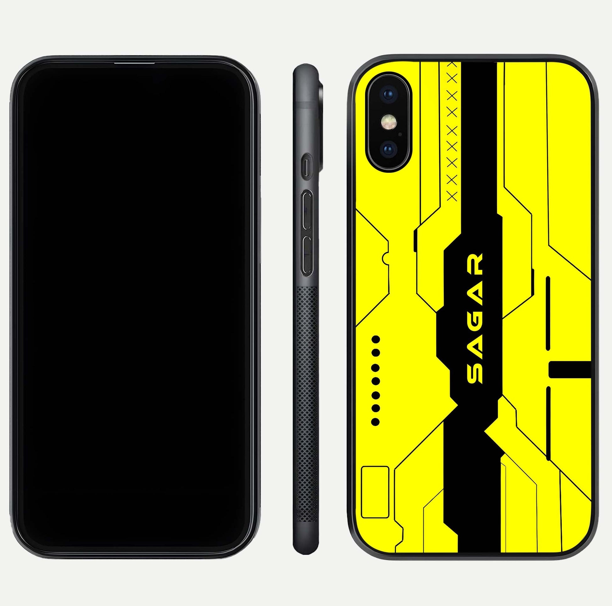 Circuit CYBERPUNK Custom Name Glass Case for iPhone Xs dual-view layout showing bold tech art and edge clarity