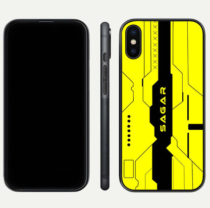 Circuit CYBERPUNK Custom Name Glass Case for iPhone Xs dual-view layout showing bold tech art and edge clarity