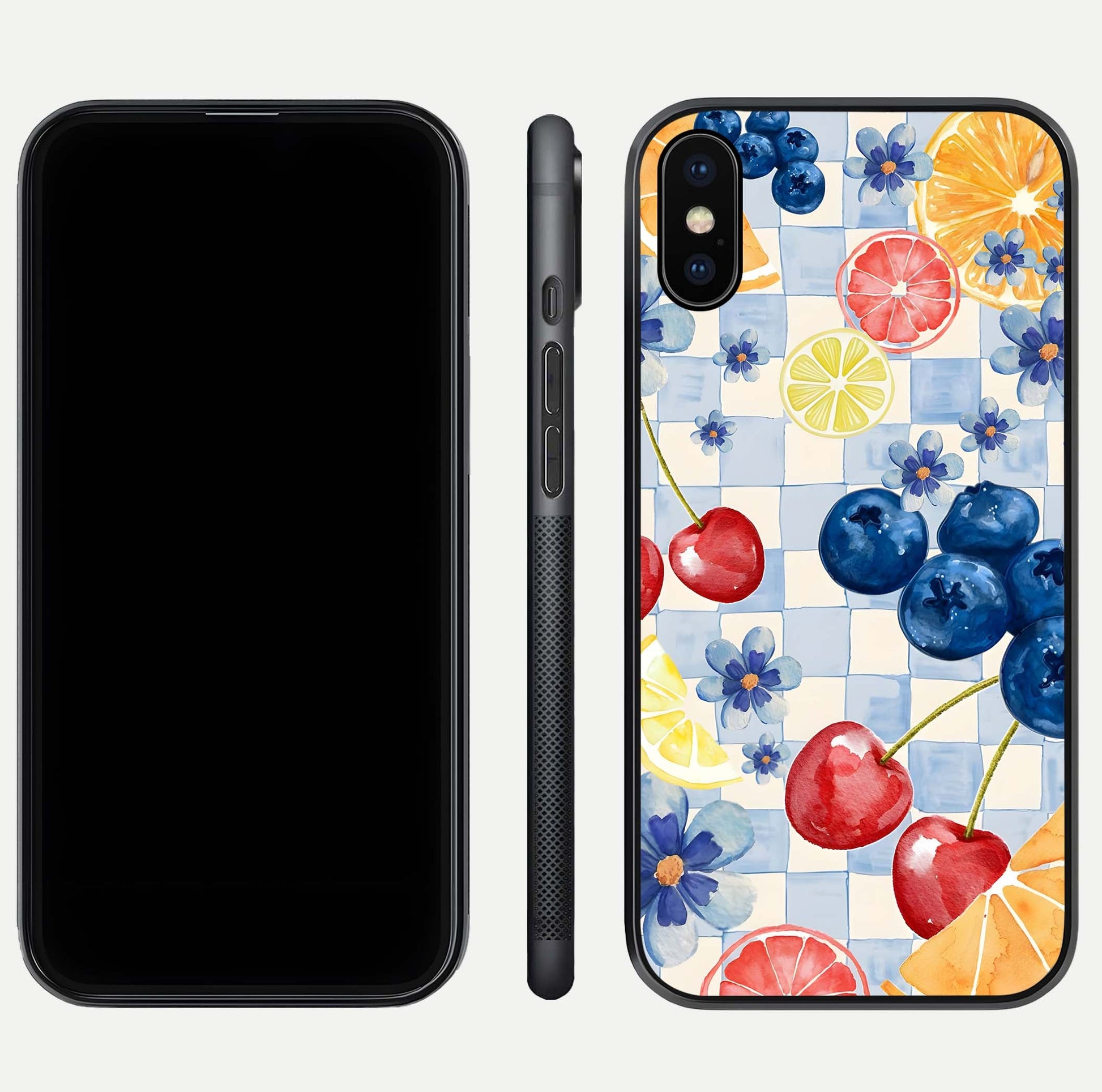 Citrus Bloom Joy Glass Case for iPhone Xs dual-view layout displaying colorful print and smooth edges