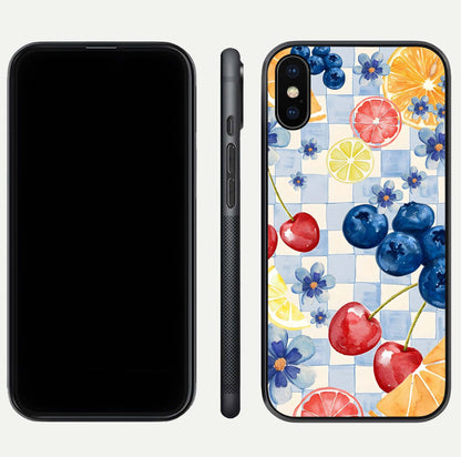 Citrus Bloom Joy Glass Case for iPhone Xs dual-view layout displaying colorful print and smooth edges