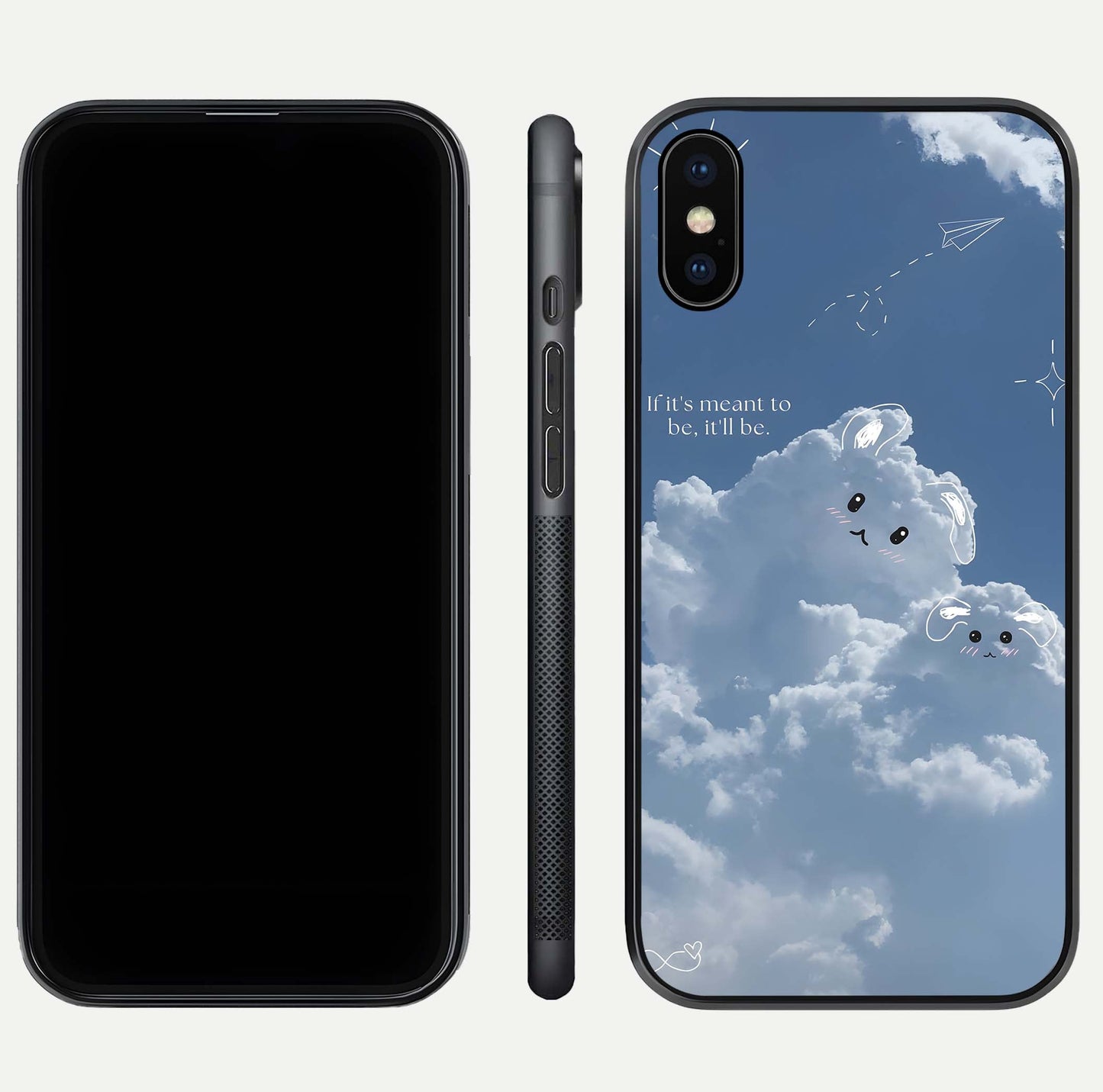 Cloud Bunny Dreams Glass Case for iPhone Xs dual-view layout displaying aesthetic tones and smooth polish
