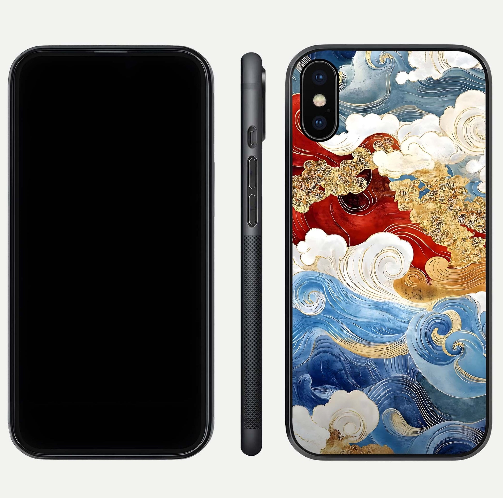 Colored Waves Glass Case for iPhone Xs front & back layout showing smooth edges and vivid print tones