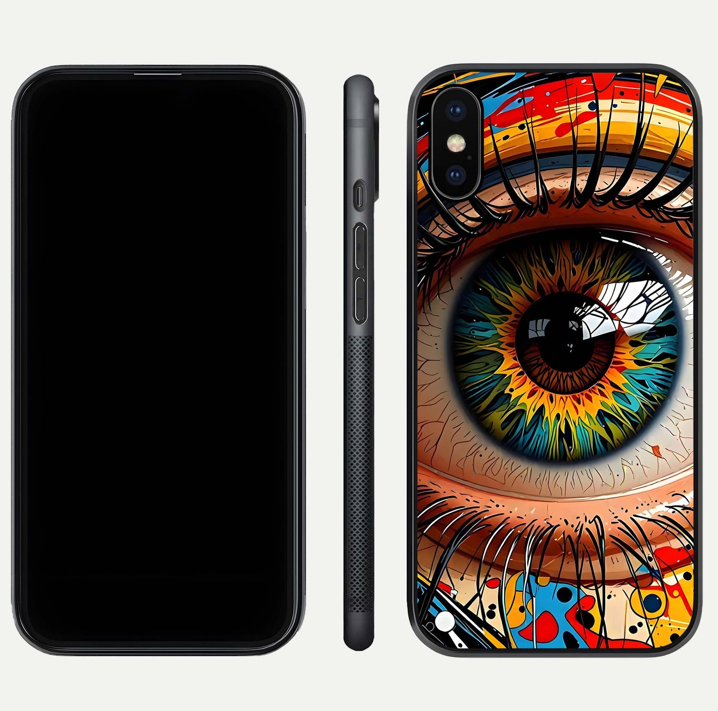 Colorful Eye Glass Case for iPhone Xs dual-view layout displaying vivid tones and smooth glass edges