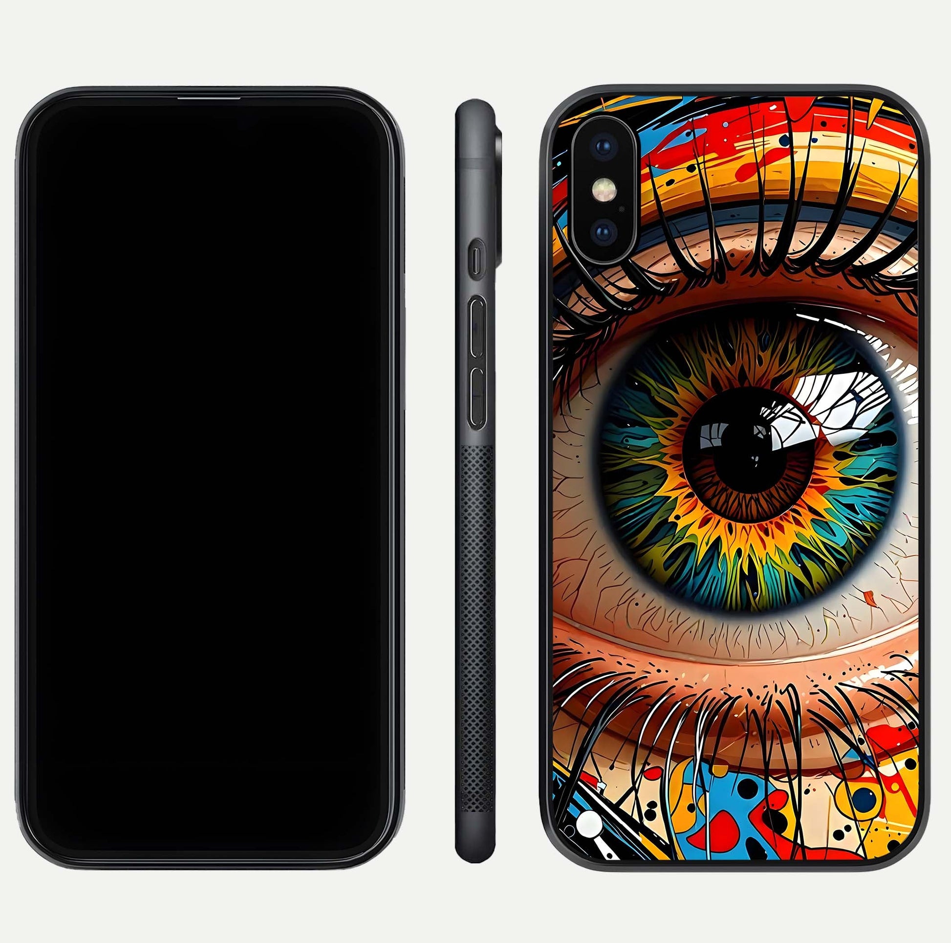 Colorful Eye Glass Case for iPhone Xs dual-view layout displaying vivid tones and smooth glass edges