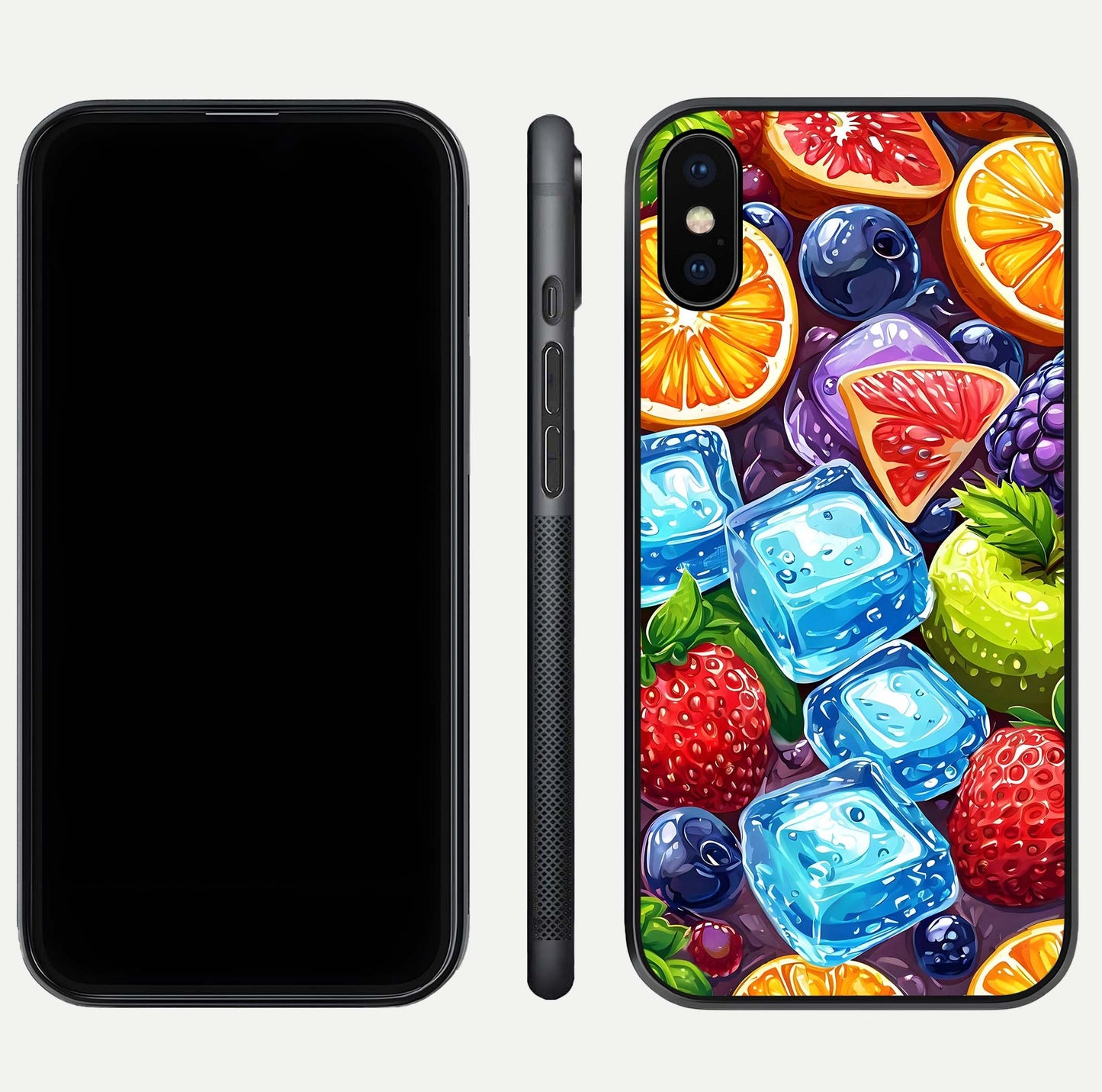 Colorful Fruits with Ice Glass Case for iPhone Xs dual-view layout showing fresh tones and polished edges