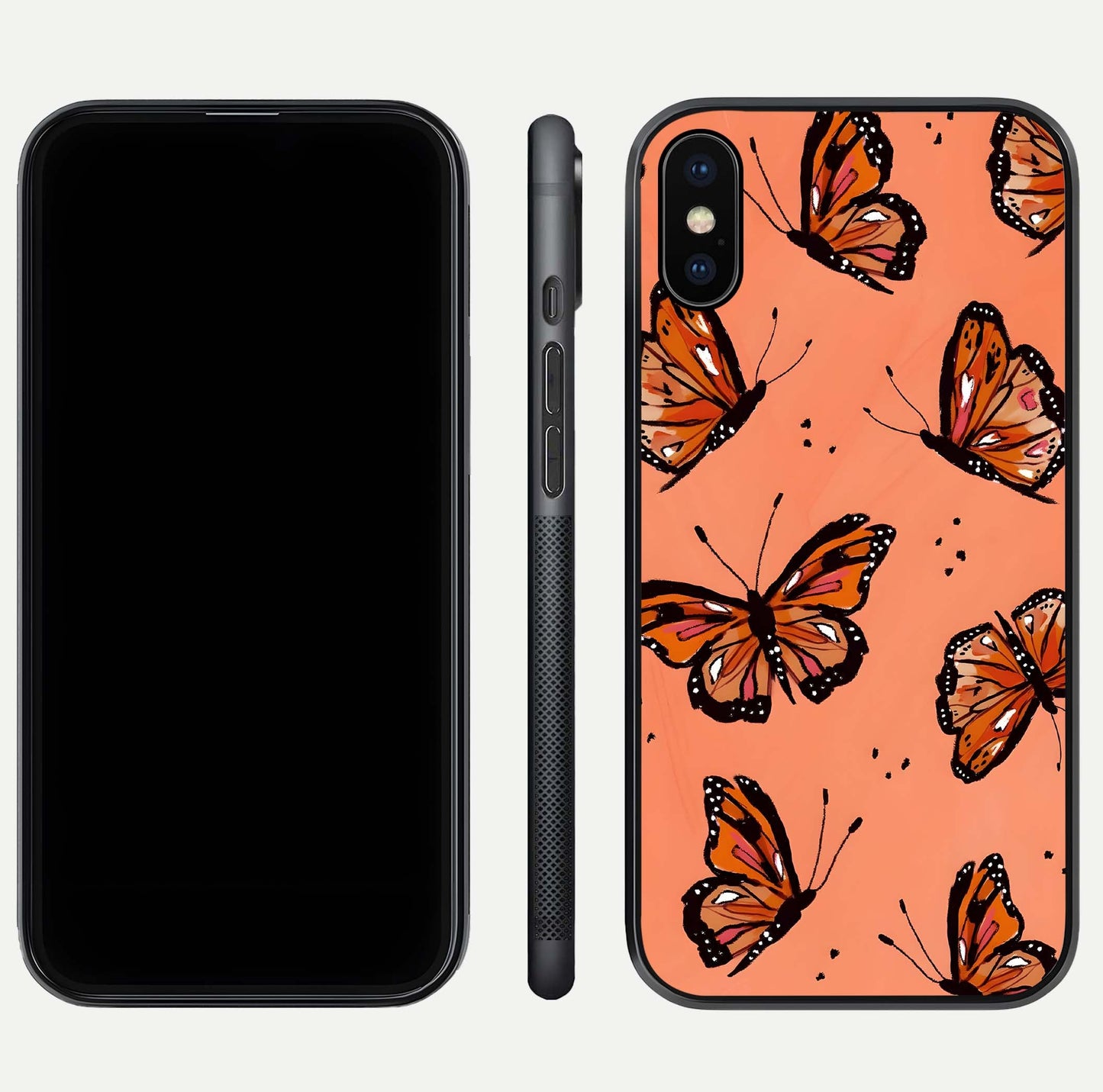 Coral Wing Butterfly Glass Case for iPhone Xs dual-view layout displaying soft floral tones and curved edges
