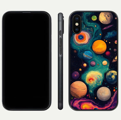 Cosmic Planet Journey Glass Case for iPhone Xs dual-view layout displaying colorful cosmic balance