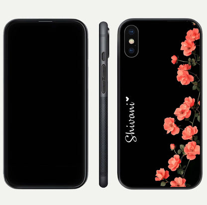 Crimson Bloom Grace Custom Name Glass Case for iPhone Xs dual-view layout displaying custom text and smooth curved edges