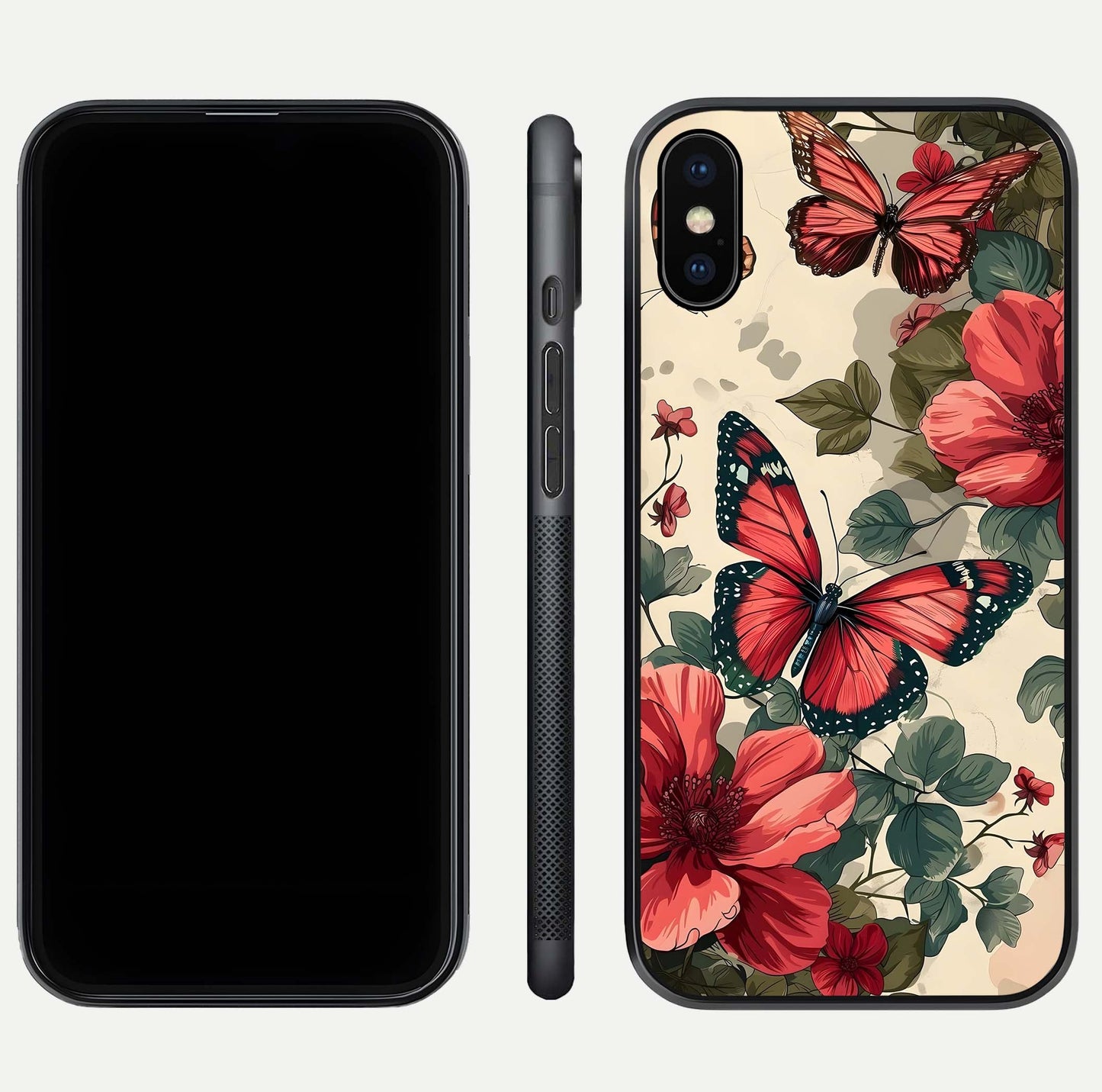 Crimson Butterfly Garden Glass Case for iPhone Xs dual-view layout displaying floral patterns and edge finish