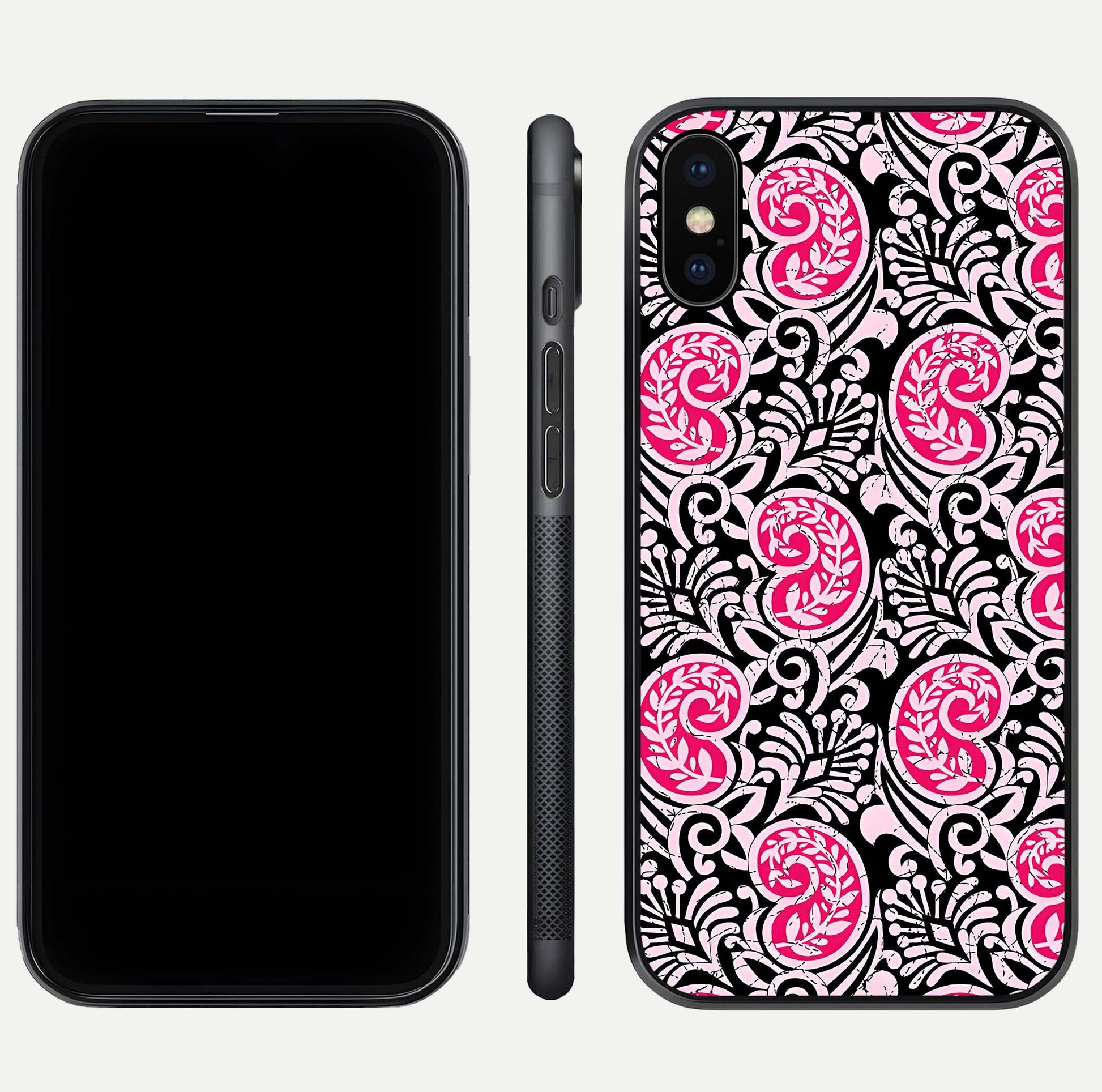 Crimson Paisley Charm Glass Case for iPhone Xs dual-view layout displaying HD print and curved polish