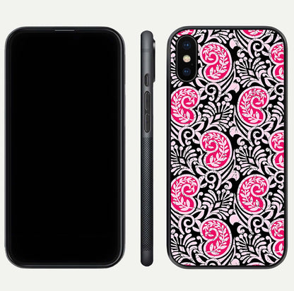 Crimson Paisley Charm Glass Case for iPhone Xs dual-view layout displaying HD print and curved polish