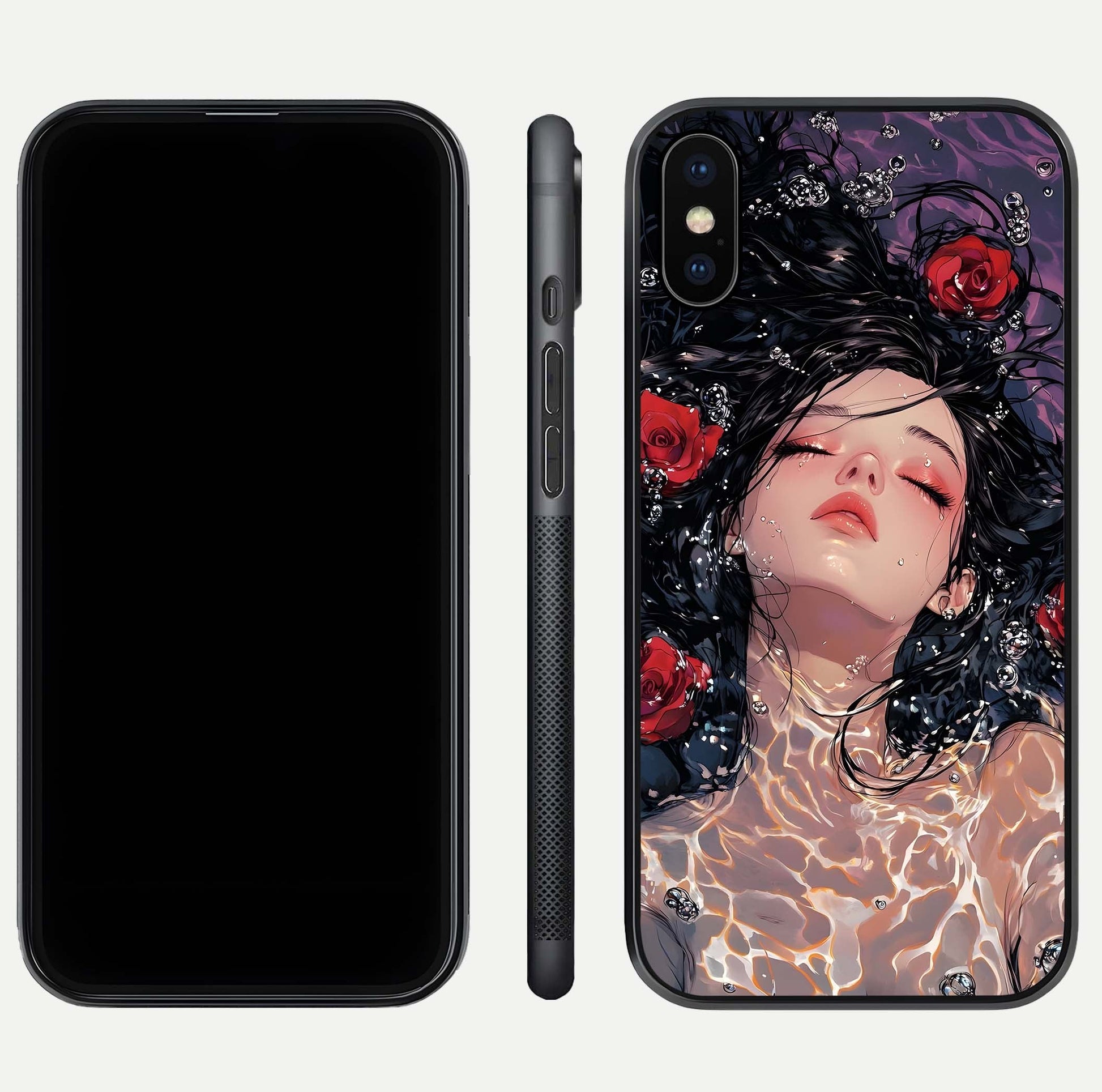 Crimson Rose Serenity Glass Case for iPhone Xs dual-view layout displaying serenity tones and curved glass