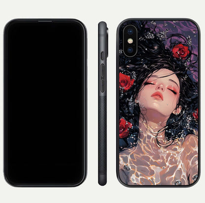Crimson Rose Serenity Glass Case for iPhone Xs dual-view layout displaying serenity tones and curved glass