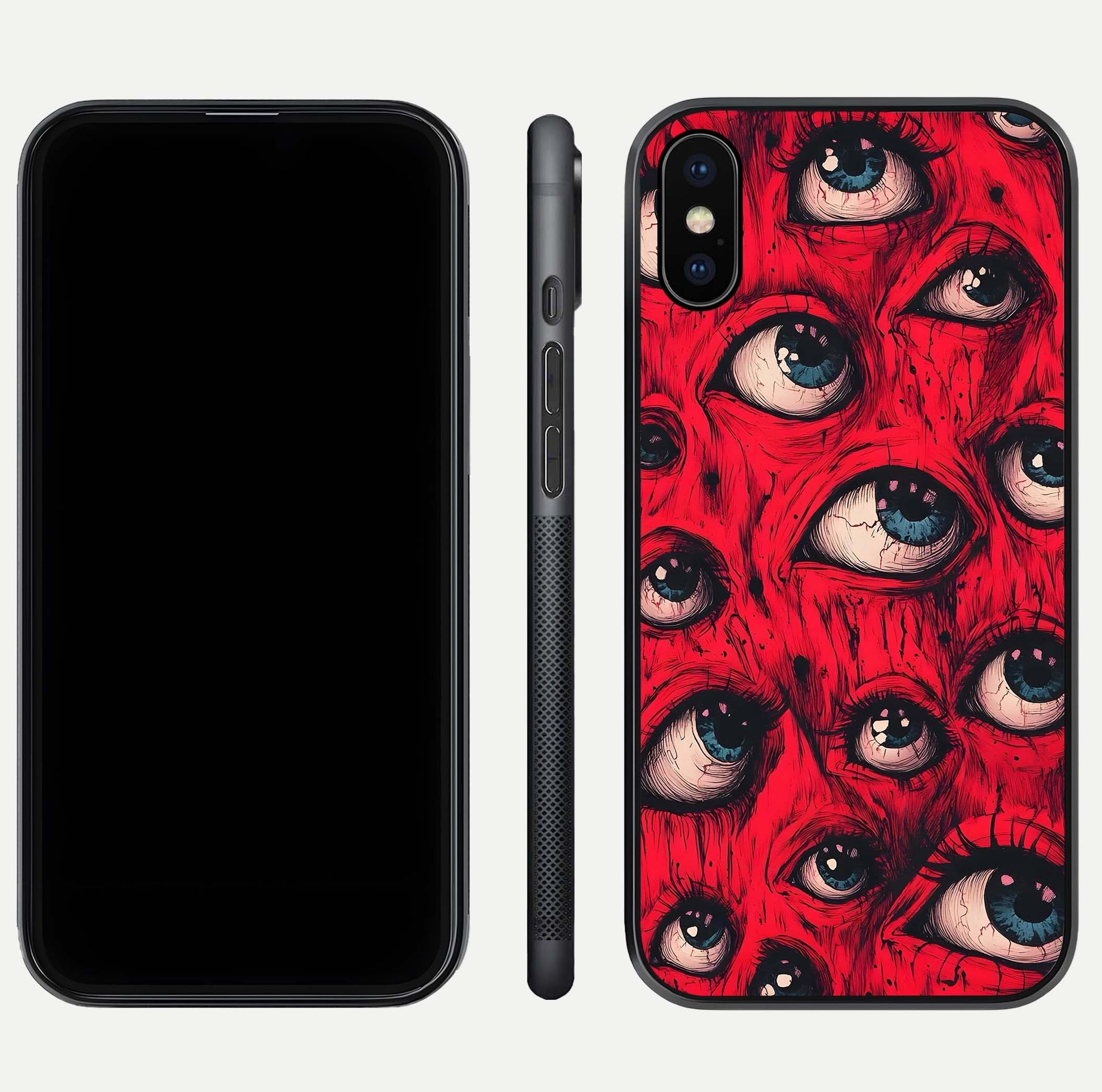 Crimson Watch Eyes Glass Case for iPhone Xs dual-view layout displaying abstract tones and curved edges