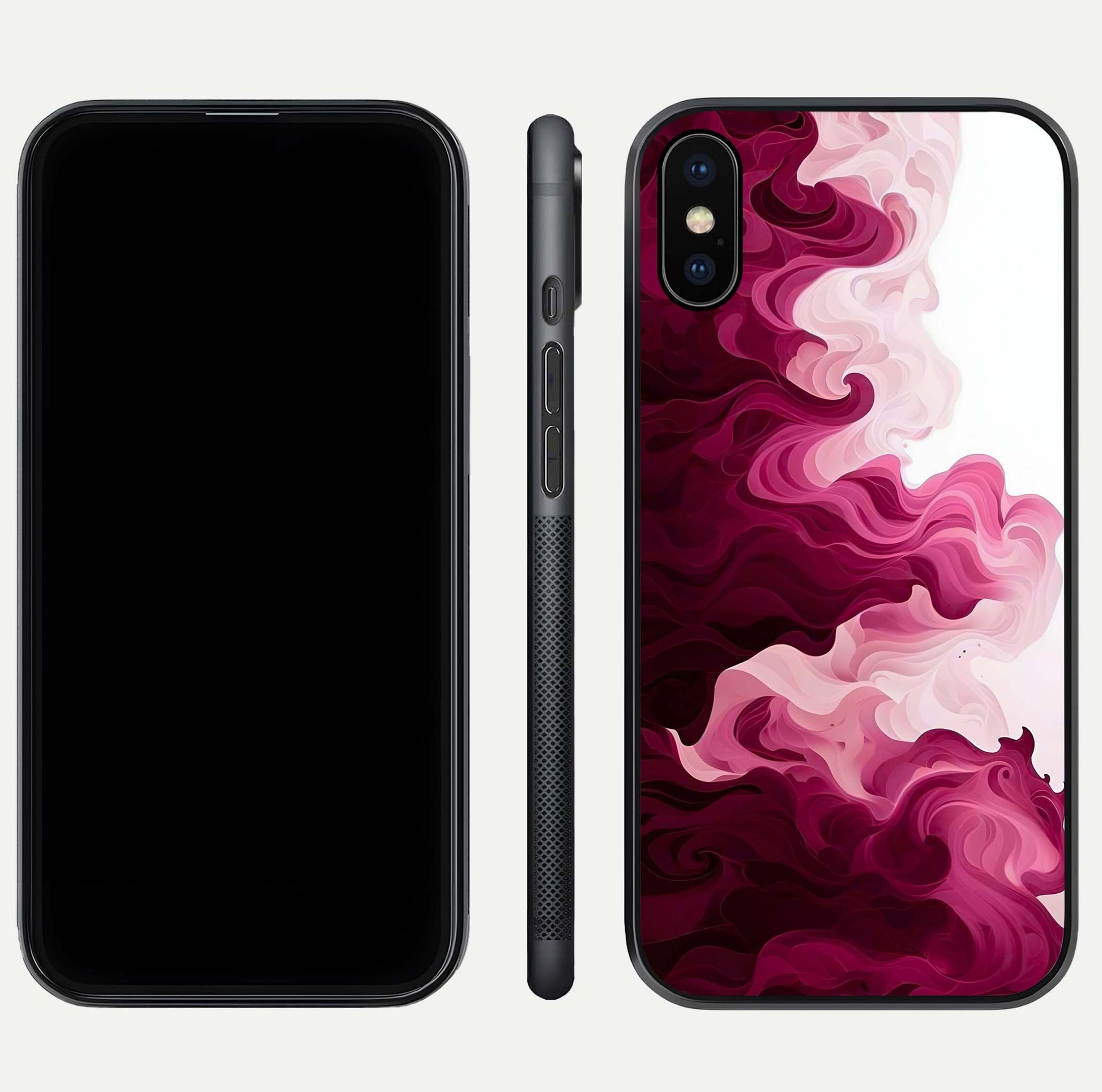 Crimson Wave Flow Glass Case for iPhone Xs dual-view layout displaying curved wave art and polished surface