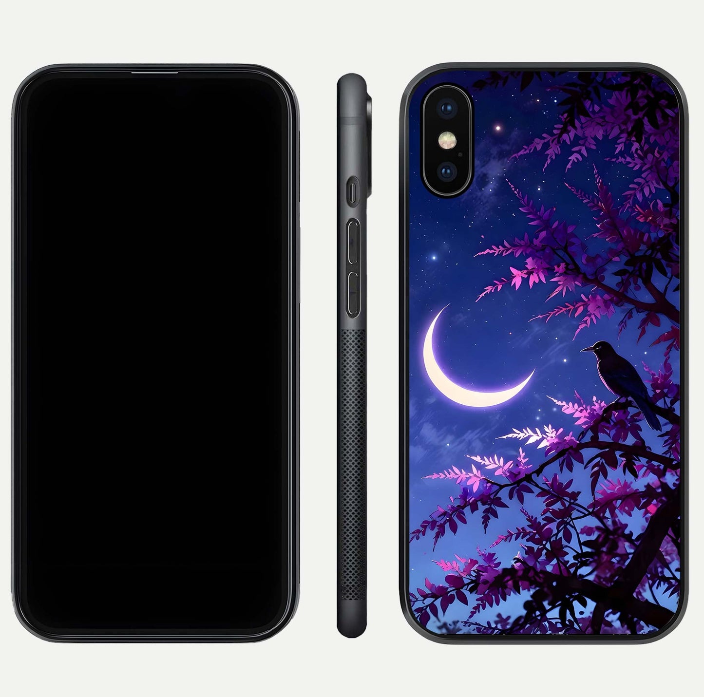 Crow & Moon Scenery Glass Case for iPhone Xs dual-view layout displaying night sky art and curved glass edges