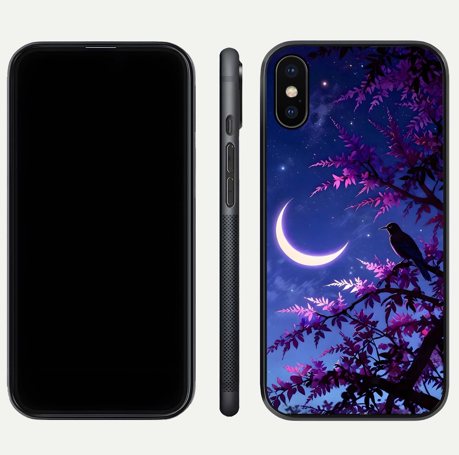 Crow & Moon Scenery Glass Case for iPhone Xs dual-view layout displaying night sky art and curved glass edges
