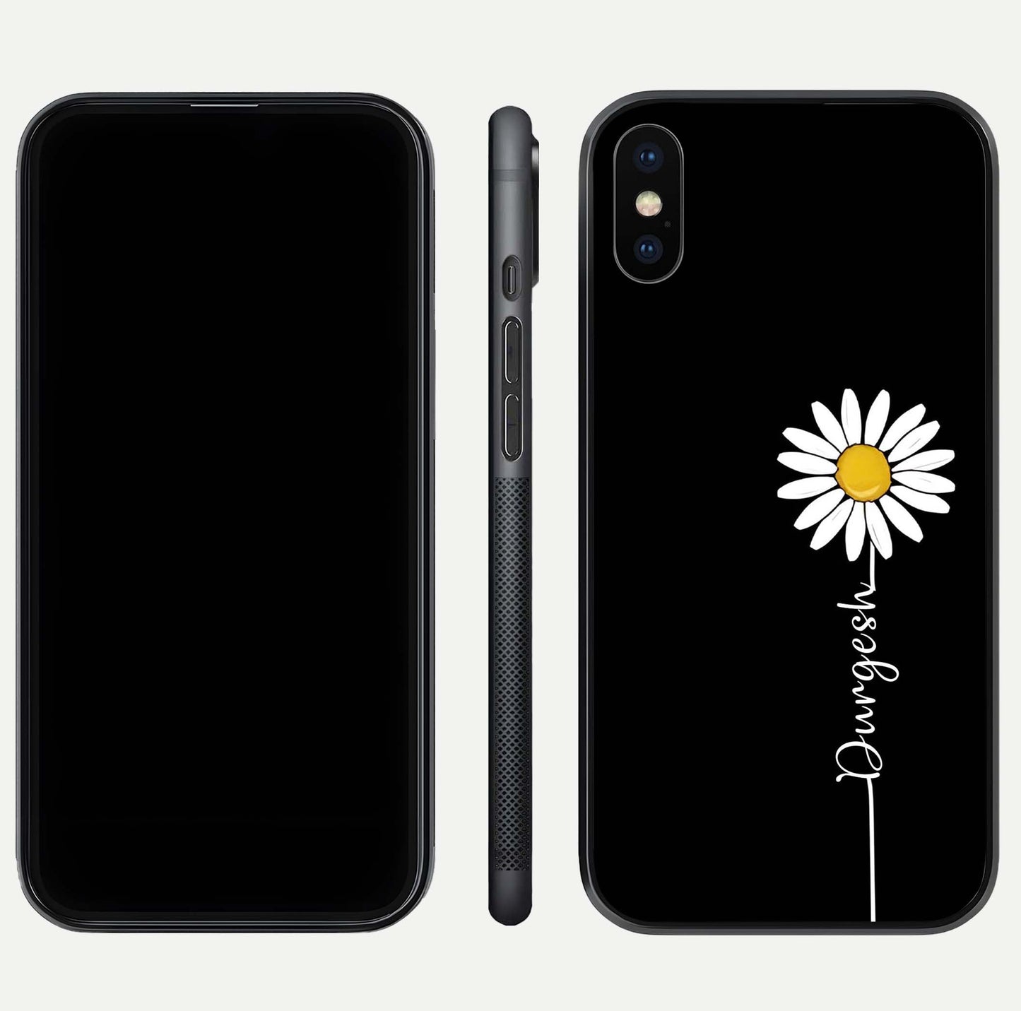 Custom Name White Flower Glass Case for iPhone Xs dual-view layout showing elegant floral tone and curved edge finish