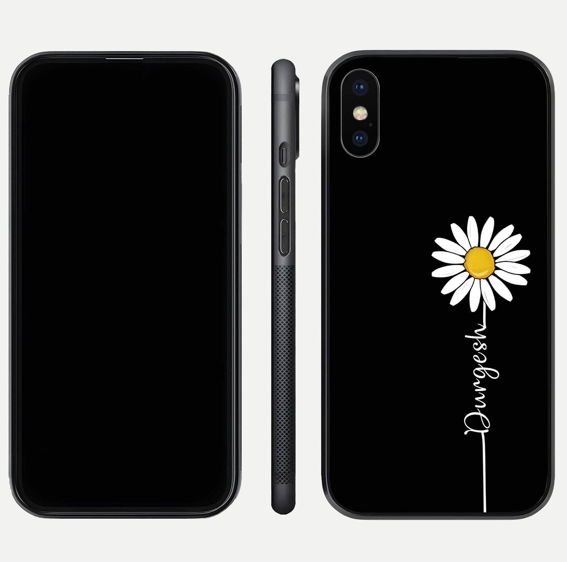 Custom Name White Flower Glass Case for iPhone Xs dual-view layout showing elegant floral tone and curved edge finish