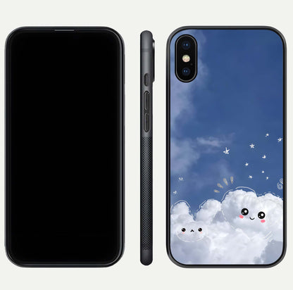Cute Blossom Cloud Glass Case for iPhone Xs dual-view layout displaying cute floral clouds and polished edge