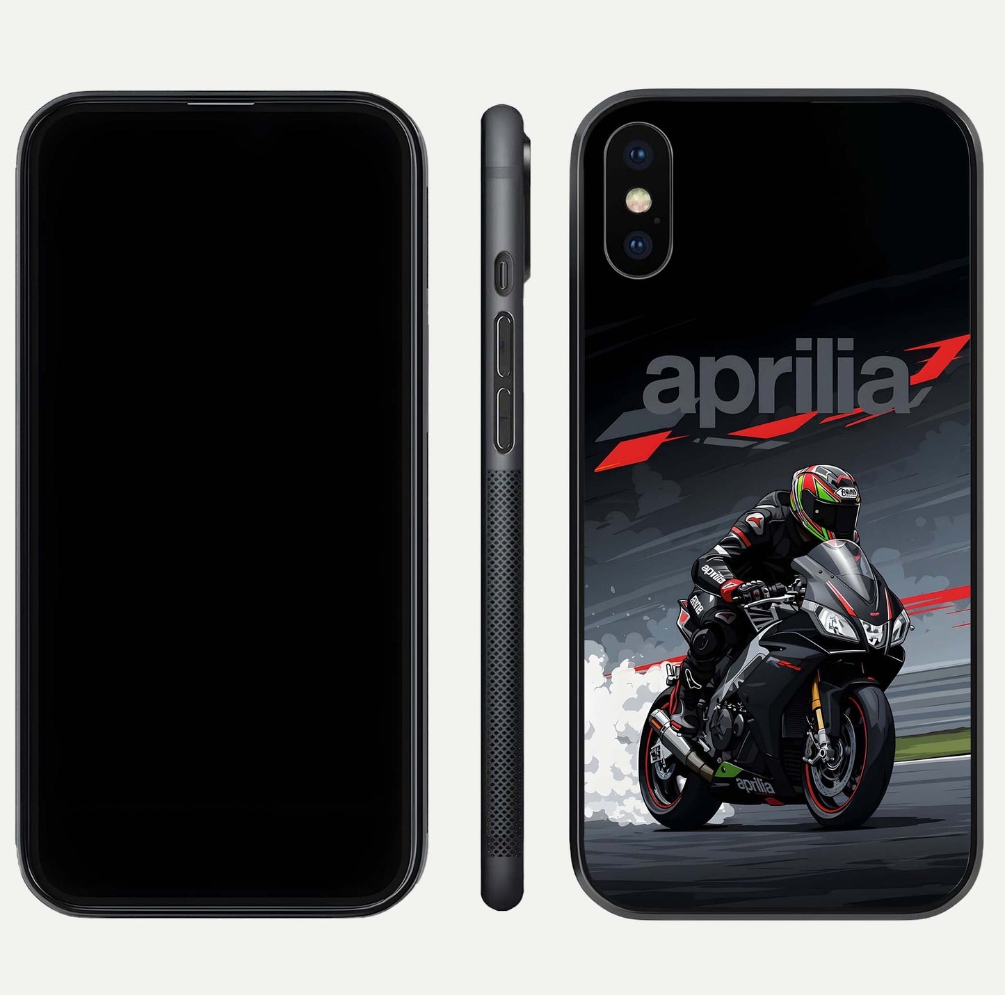 Dark Aprilla Glass Case for iPhone Xs dual-view layout displaying sleek racing look and HD shine
