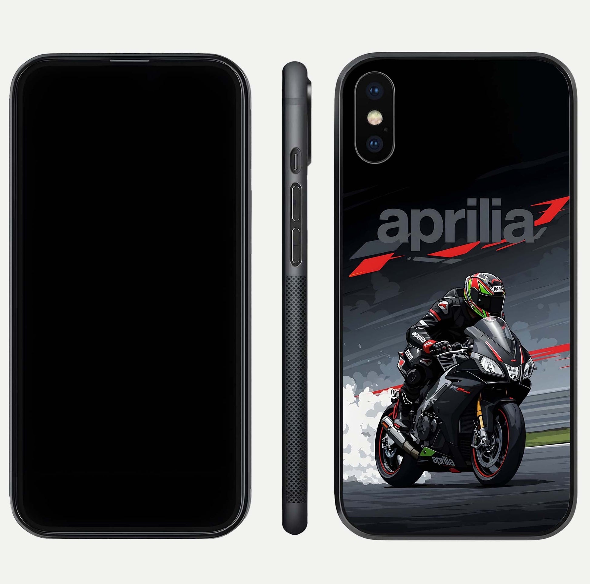 Dark Aprilla Glass Case for iPhone Xs dual-view layout displaying sleek racing look and HD shine