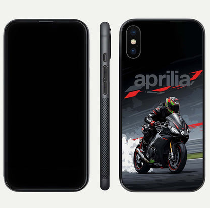 Dark Aprilla Glass Case for iPhone Xs dual-view layout displaying sleek racing look and HD shine