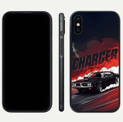 Dark Charger Fury Glass Case for iPhone Xs dual-view layout displaying HD design and polished edges