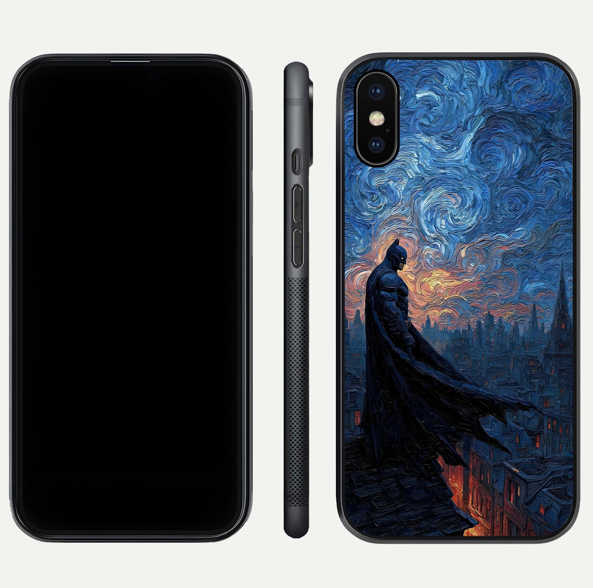 Dark Knight Dusk Glass Case for iPhone Xs dual-view layout displaying HD hero print and curved glass edges