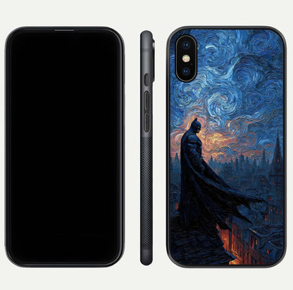 Dark Knight Dusk Glass Case for iPhone Xs dual-view layout displaying HD hero print and curved glass edges