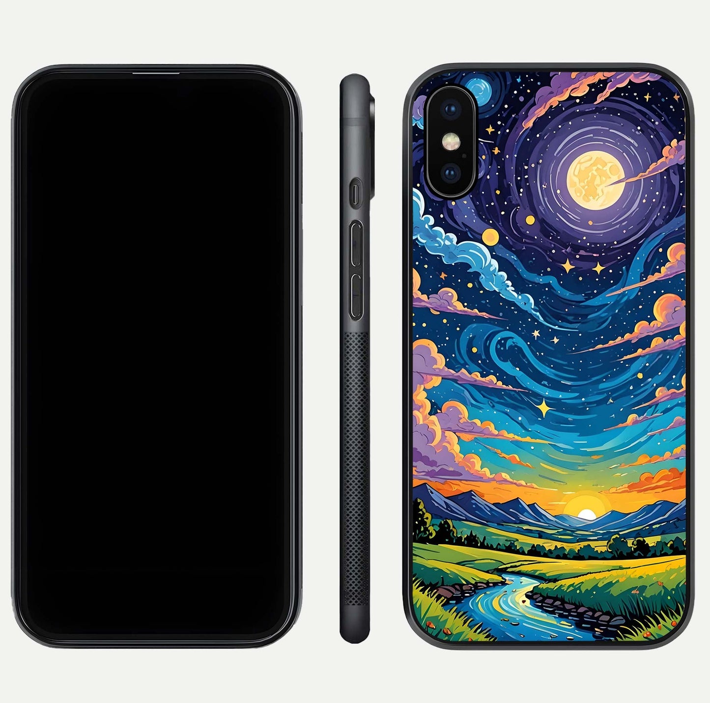 Dreamy Night Landscape Glass Case for iPhone Xs dual-view layout displaying HD print and curved glass edges