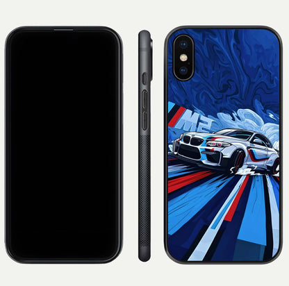 Drift Power Rush Glass Case for iPhone Xs dual-view layout displaying dynamic motion art and HD gloss