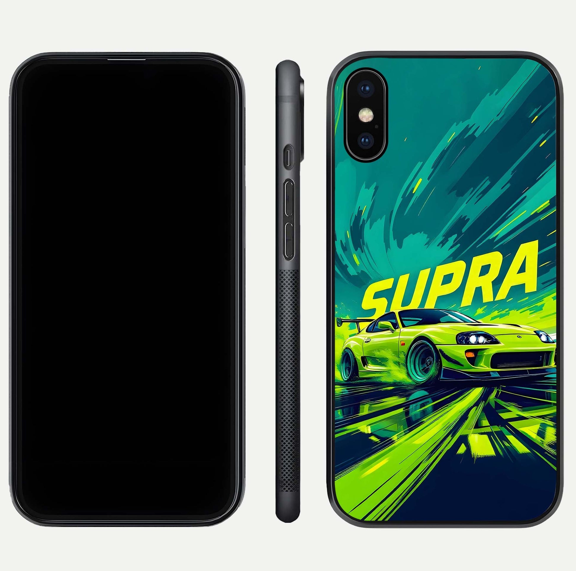 Electric Supra Thunder Glass Case for iPhone Xs dual-view layout displaying dynamic motion art and curved finish