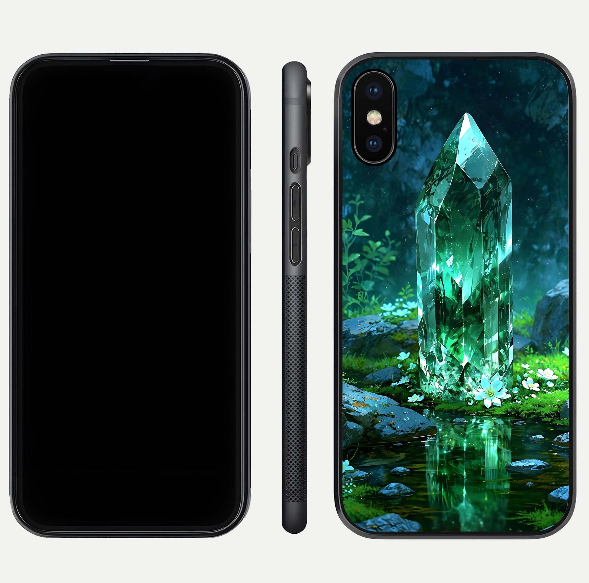 Emerald Light Crystal Glass Case for iPhone Xs dual-view layout displaying gem-like tones and polished edge