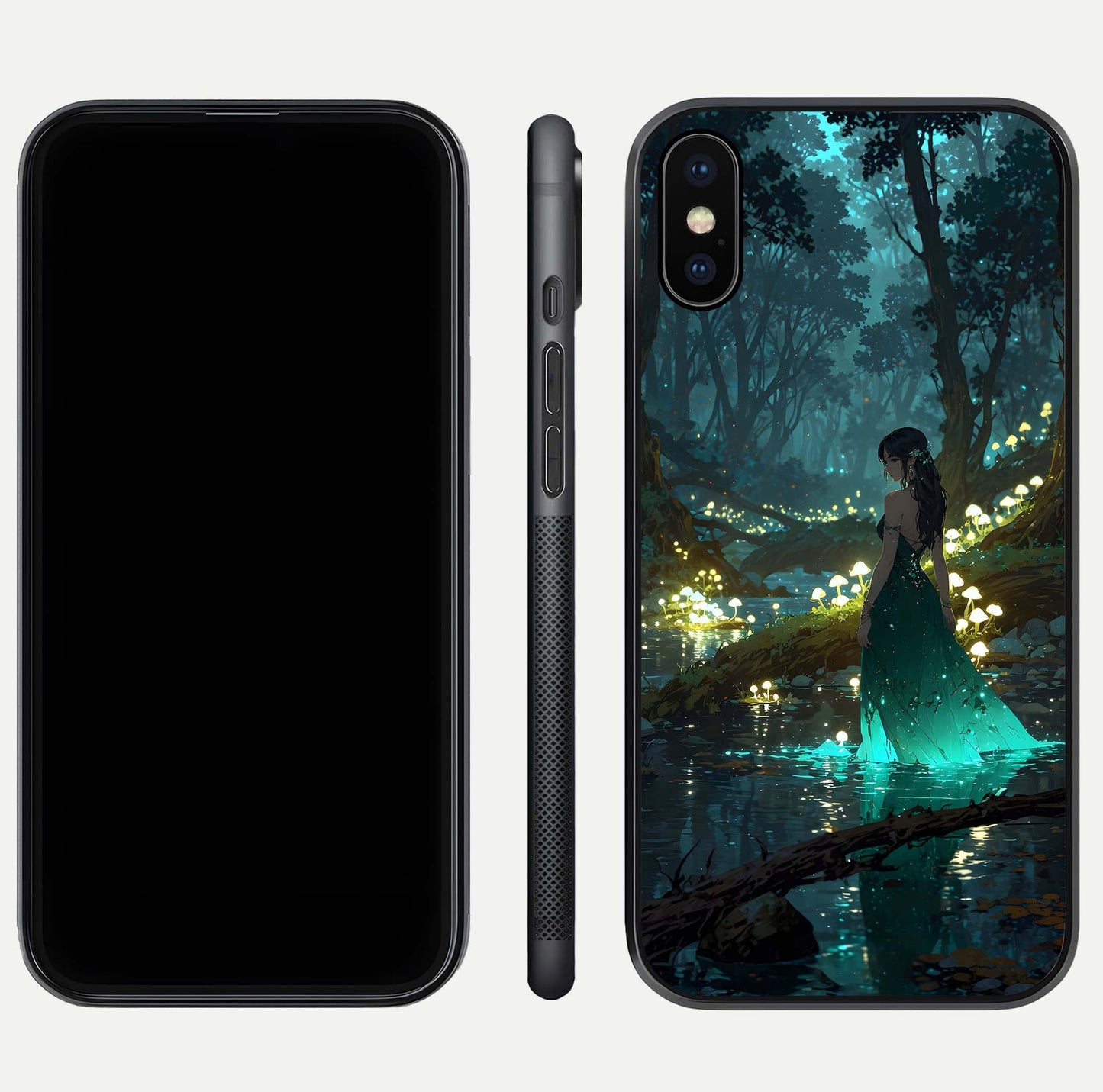 Enchanted Forest Glow Glass Case for iPhone Xs dual-view layout displaying green tones and smooth glass