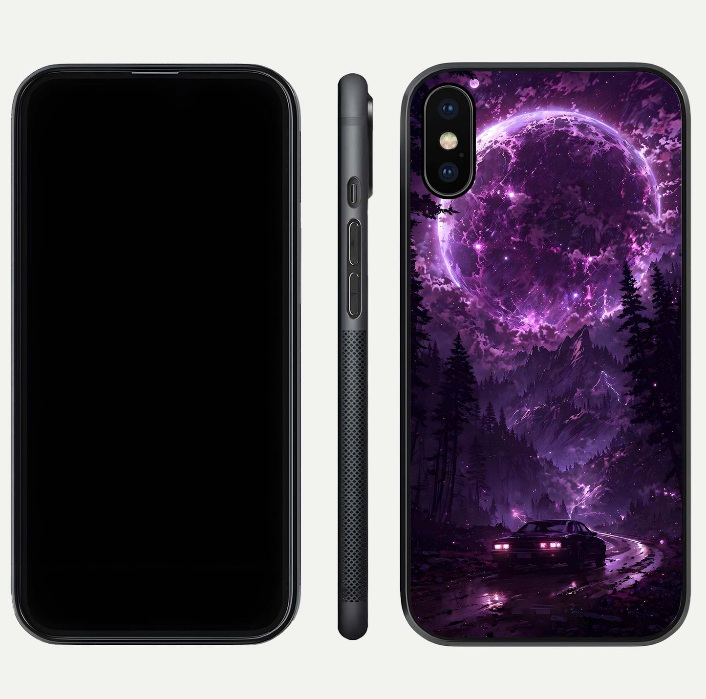 Eternal Cosmic Drive Glass Case for iPhone Xs dual-view layout displaying outer-space tones and curved finish