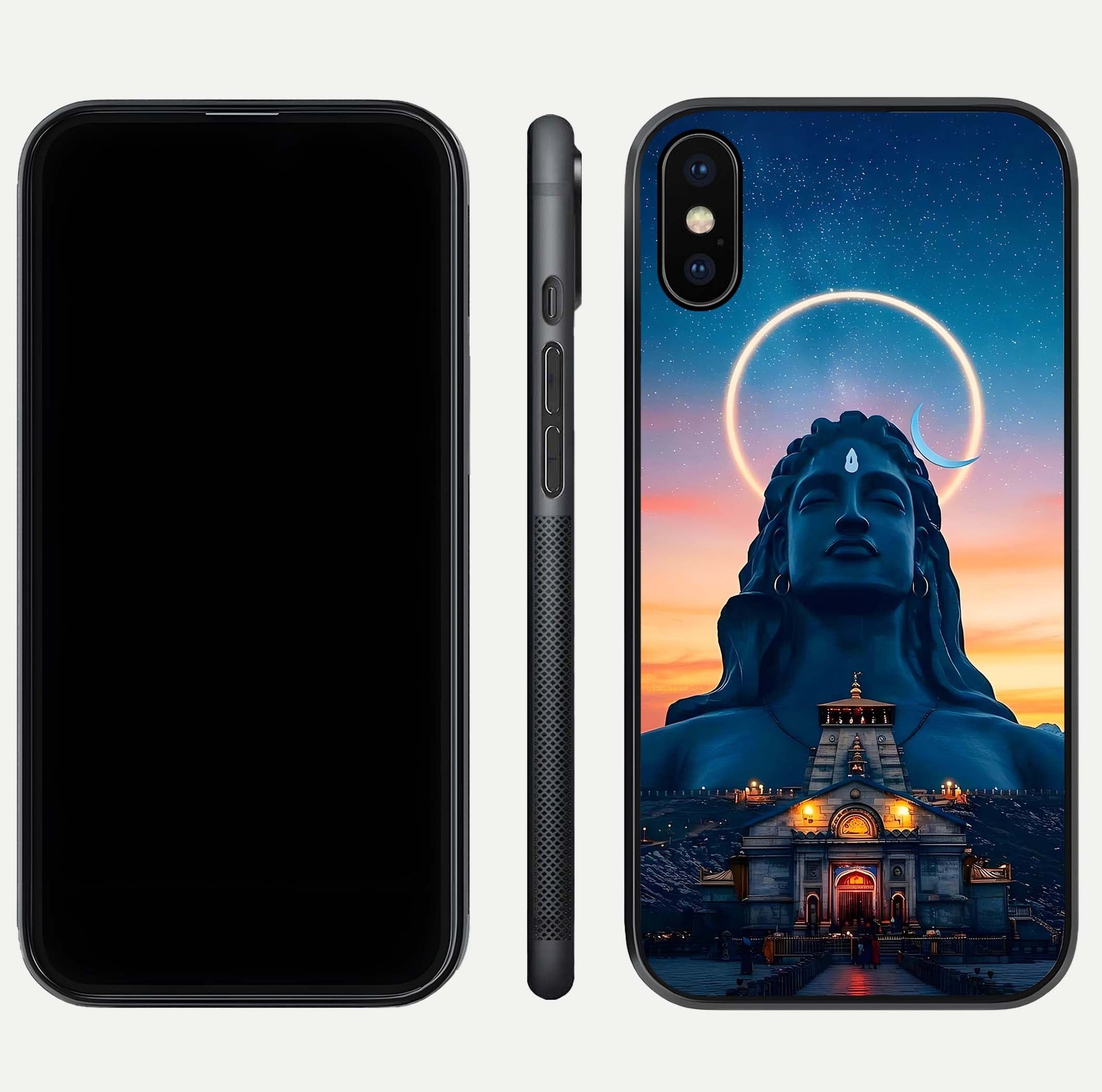 Eternal Shiva Aura Glass Case for iPhone Xs dual-view layout displaying HD deity print and smooth edge
