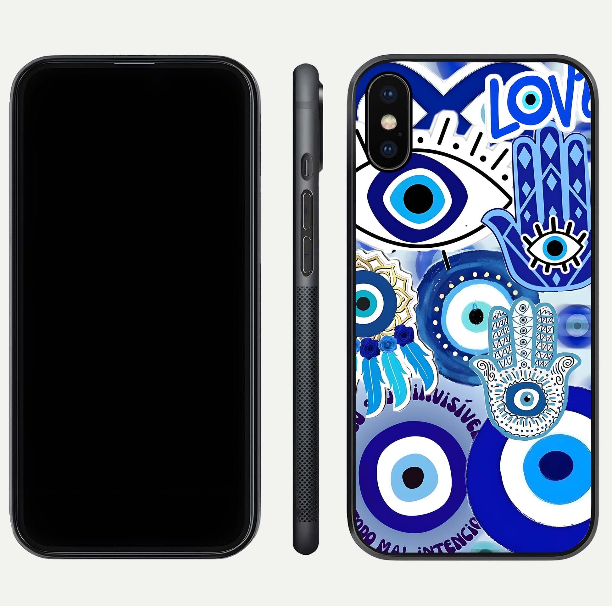 Evil Eyes Dream Glass Case for iPhone Xs dual-view layout displaying spiritual motif and polished curved edge
