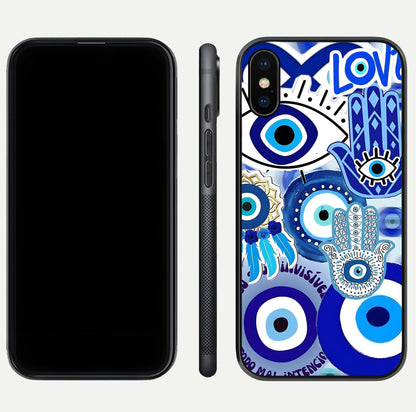 Evil Eyes Dream Glass Case for iPhone Xs dual-view layout displaying spiritual motif and polished curved edge