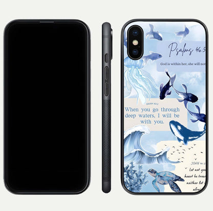 Faithful Ocean Promise Glass Case for iPhone Xs dual-view layout showing sea horizon art and curved polish