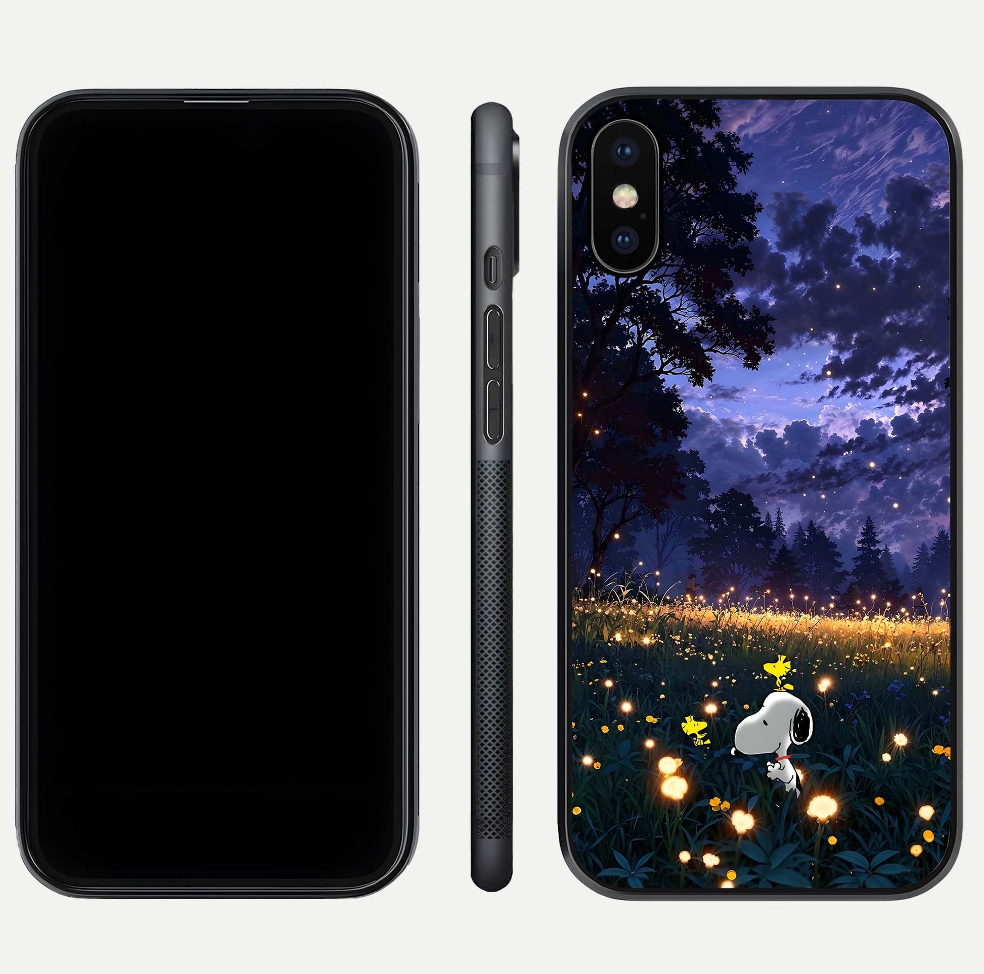 Firefly Meadow Magic Glass Case for iPhone Xs dual-view layout displaying enchanting tones and curved edges
